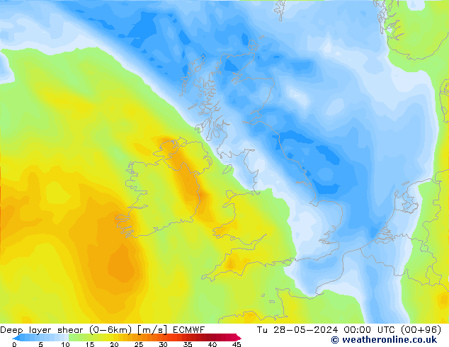 Deep layer shear (0-6km) ECMWF Sa 28.05.2024 00 UTC