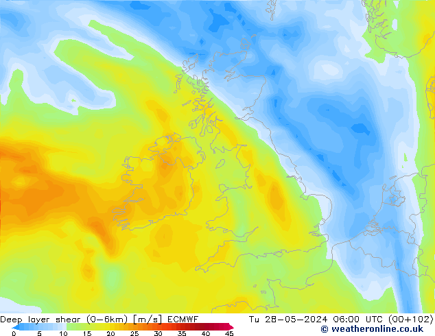 Deep layer shear (0-6km) ECMWF Tu 28.05.2024 06 UTC