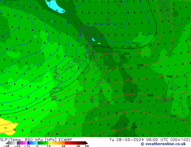 SLP/Temp. 850 hPa ECMWF Tu 28.05.2024 06 UTC