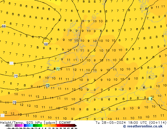 Height/Temp. 925 hPa ECMWF Tu 28.05.2024 18 UTC