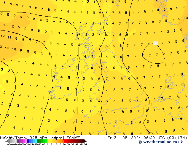 Height/Temp. 925 hPa ECMWF Pá 31.05.2024 06 UTC