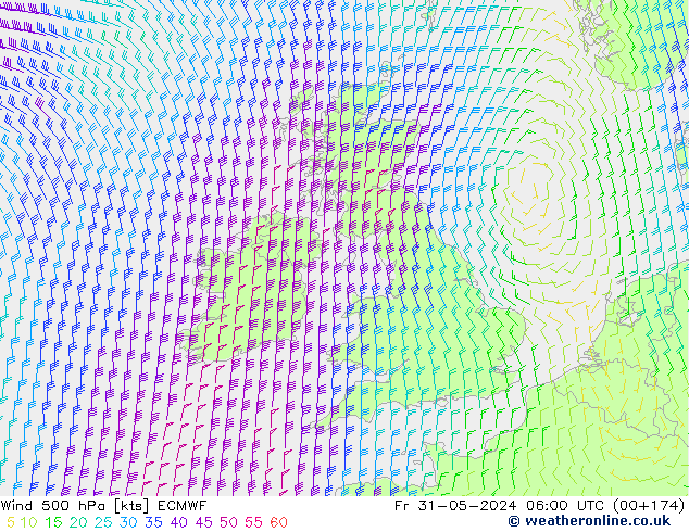 Wind 500 hPa ECMWF Pá 31.05.2024 06 UTC