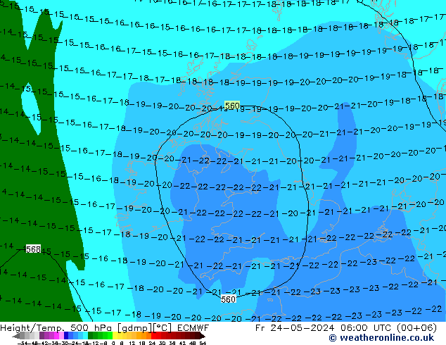 Height/Temp. 500 гПа ECMWF пт 24.05.2024 06 UTC