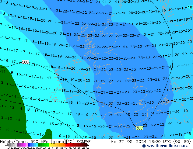 Z500/Rain (+SLP)/Z850 ECMWF Mo 27.05.2024 18 UTC