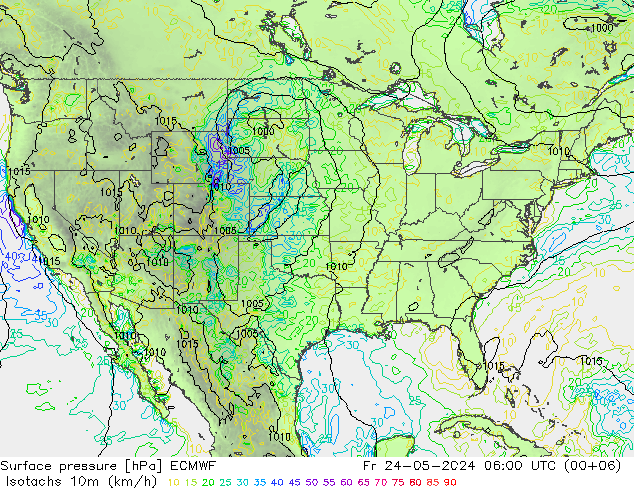 Isotachs (kph) ECMWF Fr 24.05.2024 06 UTC