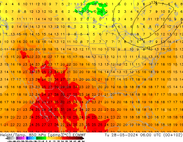 Z500/Rain (+SLP)/Z850 ECMWF Út 28.05.2024 06 UTC