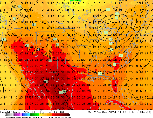 Geop./Temp. 925 hPa ECMWF lun 27.05.2024 18 UTC