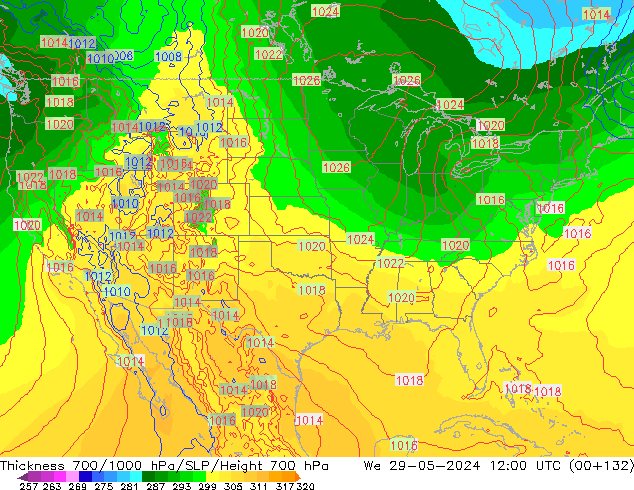 Thck 700-1000 hPa ECMWF mer 29.05.2024 12 UTC