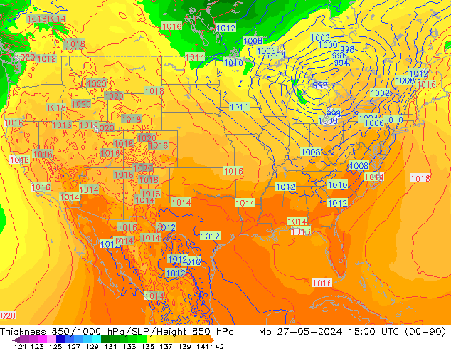 Espesor 850-1000 hPa ECMWF lun 27.05.2024 18 UTC