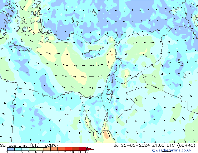 Wind 10 m (bft) ECMWF za 25.05.2024 21 UTC