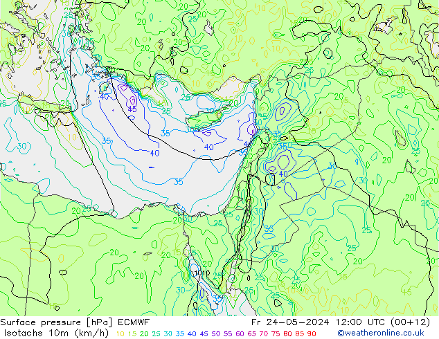 Isotachs (kph) ECMWF Pá 24.05.2024 12 UTC