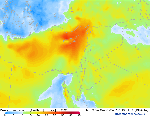 Deep layer shear (0-6km) ECMWF пн 27.05.2024 12 UTC