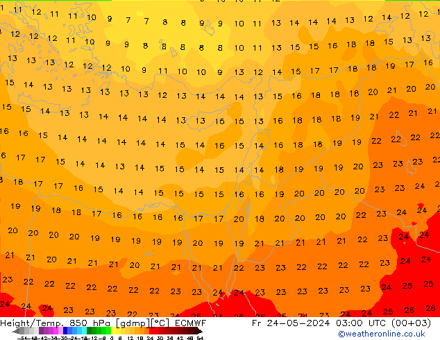 Geop./Temp. 850 hPa ECMWF vie 24.05.2024 03 UTC