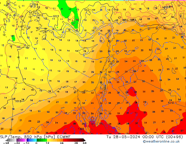 SLP/Temp. 850 гПа ECMWF вт 28.05.2024 00 UTC