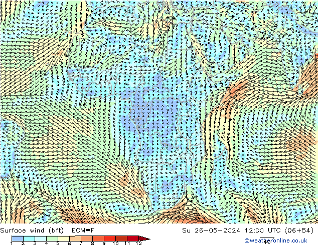 Surface wind (bft) ECMWF Su 26.05.2024 12 UTC