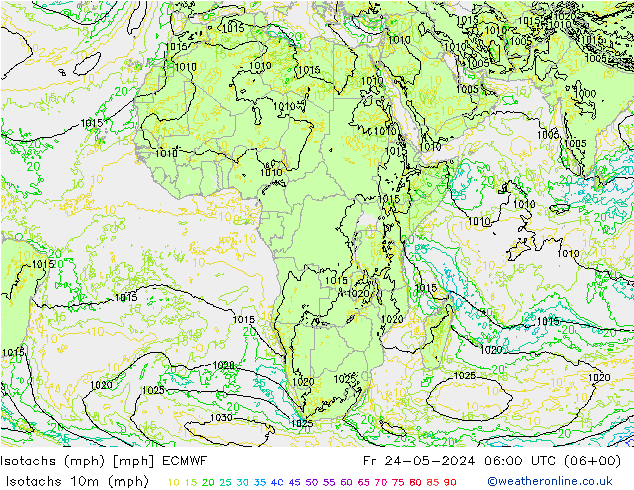 Isotachen (mph) ECMWF vr 24.05.2024 06 UTC