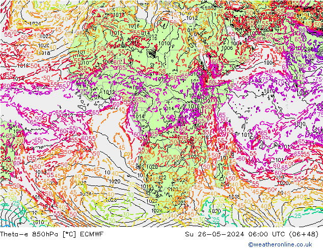 Theta-e 850hPa ECMWF Su 26.05.2024 06 UTC