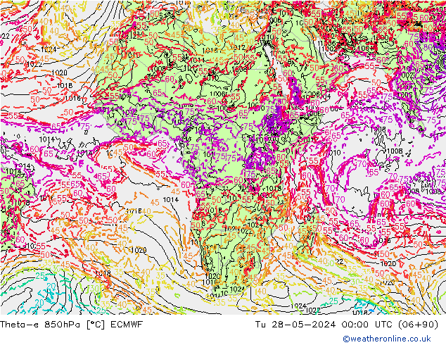 Theta-e 850hPa ECMWF Di 28.05.2024 00 UTC