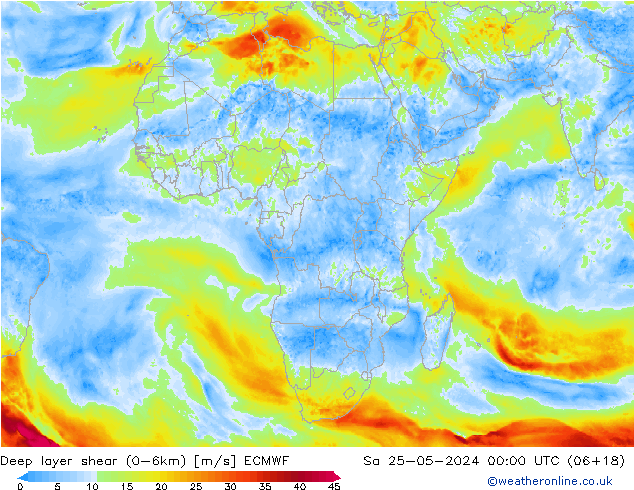 Deep layer shear (0-6km) ECMWF sab 25.05.2024 00 UTC