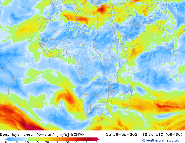 Deep layer shear (0-6km) ECMWF  26.05.2024 18 UTC