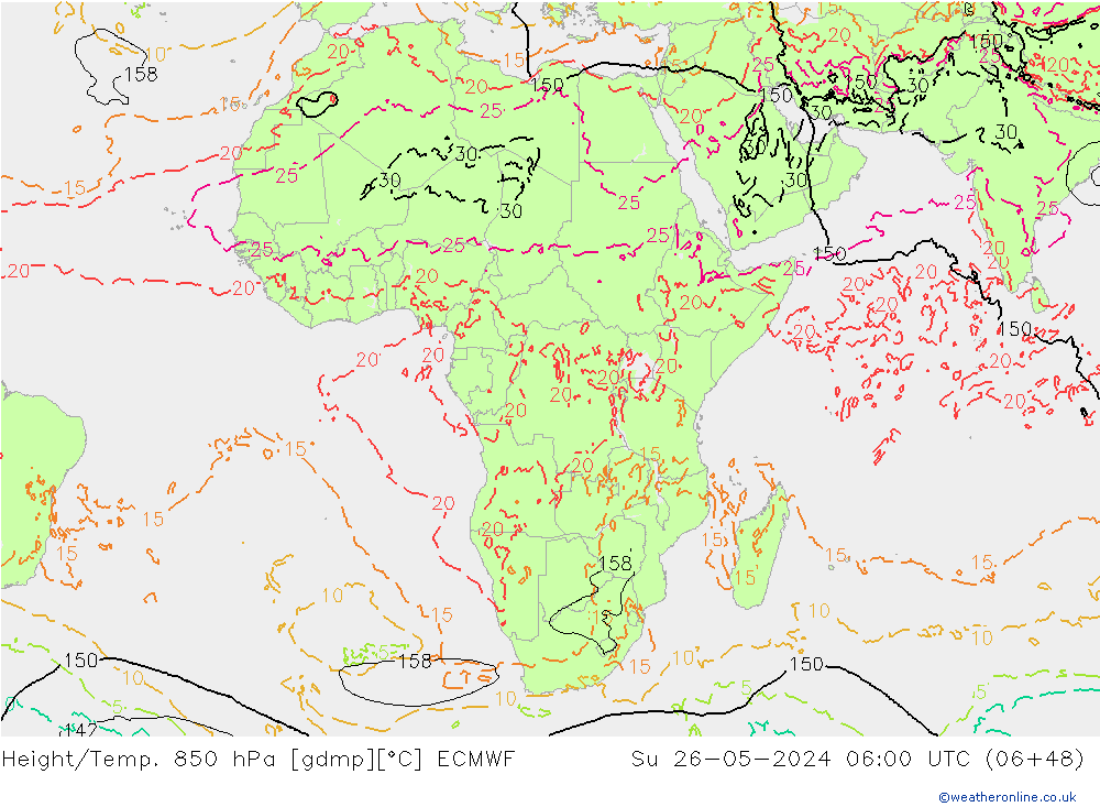 Z500/Rain (+SLP)/Z850 ECMWF Dom 26.05.2024 06 UTC