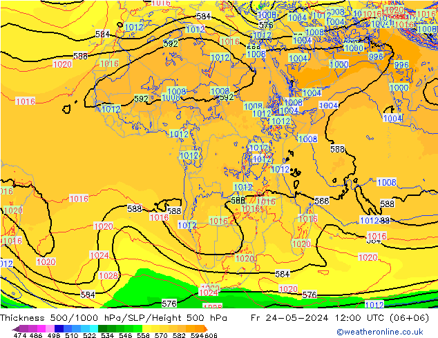 Espesor 500-1000 hPa ECMWF vie 24.05.2024 12 UTC