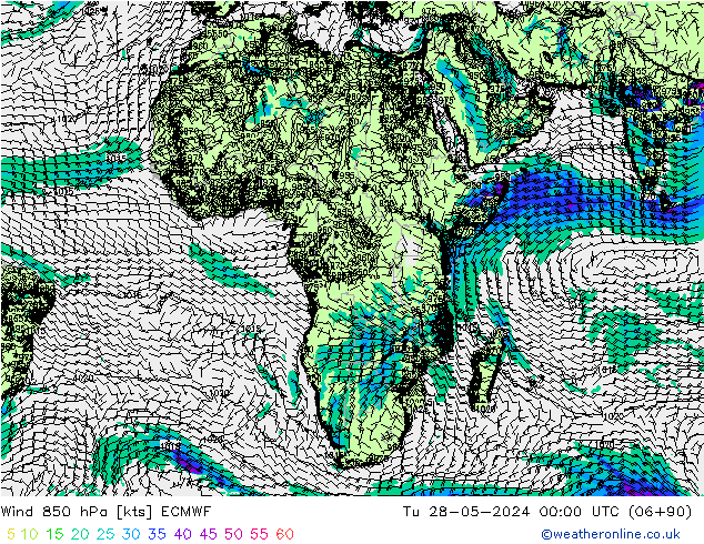 Wind 850 hPa ECMWF Út 28.05.2024 00 UTC