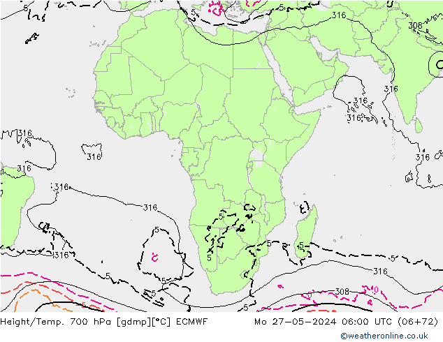 Yükseklik/Sıc. 700 hPa ECMWF Pzt 27.05.2024 06 UTC