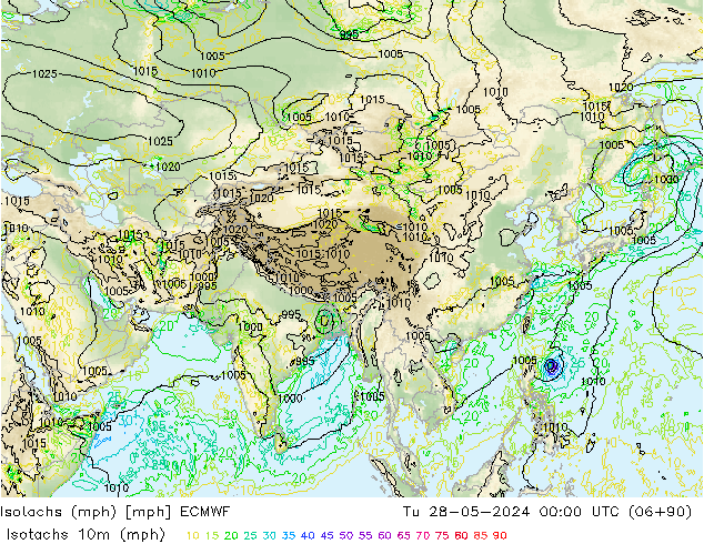 Isotachs (mph) ECMWF mar 28.05.2024 00 UTC