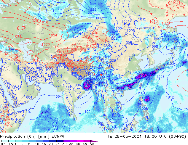 Precipitation (6h) ECMWF Tu 28.05.2024 00 UTC