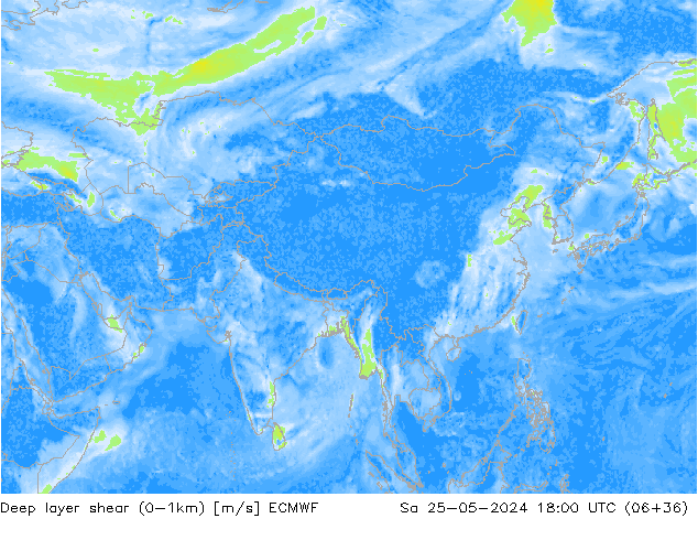 Deep layer shear (0-1km) ECMWF sab 25.05.2024 18 UTC