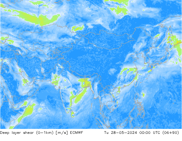 Deep layer shear (0-1km) ECMWF Tu 28.05.2024 00 UTC