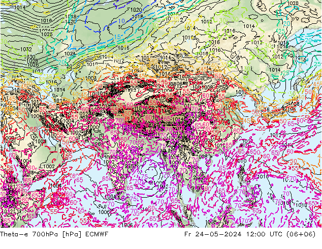Theta-e 700hPa ECMWF Pá 24.05.2024 12 UTC
