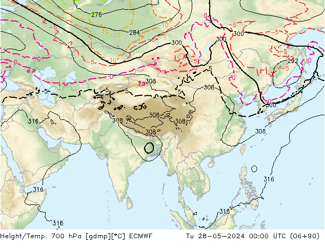 Height/Temp. 700 hPa ECMWF mar 28.05.2024 00 UTC