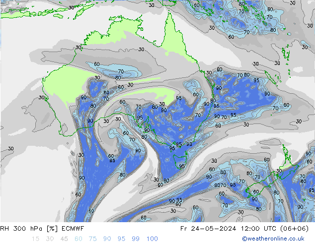 Humidité rel. 300 hPa ECMWF ven 24.05.2024 12 UTC