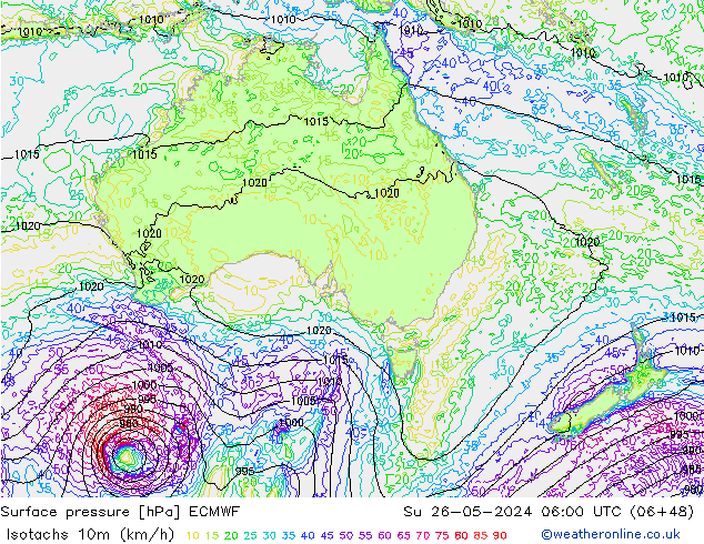 Isotachs (kph) ECMWF Ne 26.05.2024 06 UTC