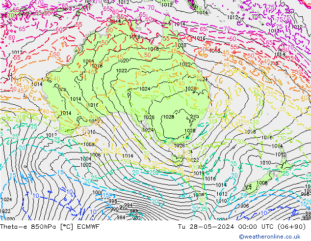 Theta-e 850hPa ECMWF Sa 28.05.2024 00 UTC