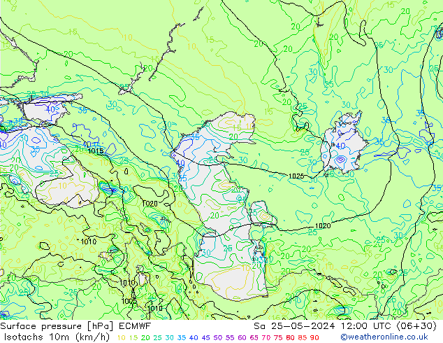 Isotachen (km/h) ECMWF Sa 25.05.2024 12 UTC