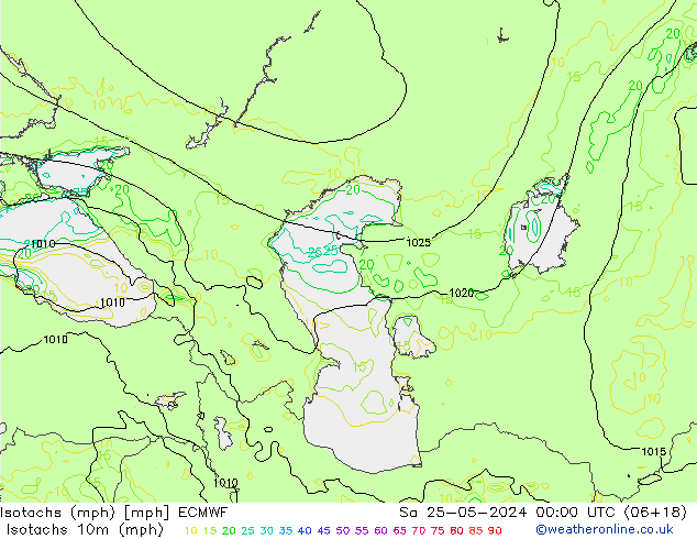 Isotachen (mph) ECMWF Sa 25.05.2024 00 UTC