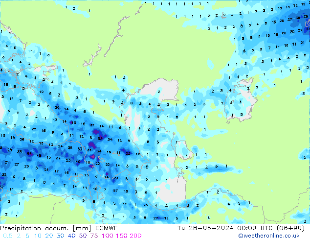 Precipitation accum. ECMWF Út 28.05.2024 00 UTC