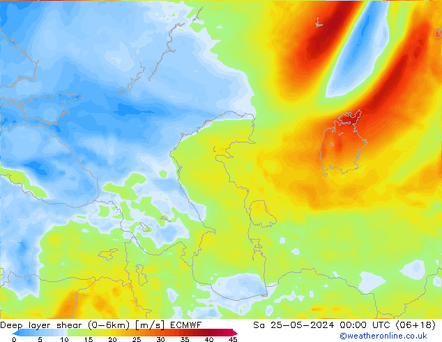 Deep layer shear (0-6km) ECMWF So 25.05.2024 00 UTC