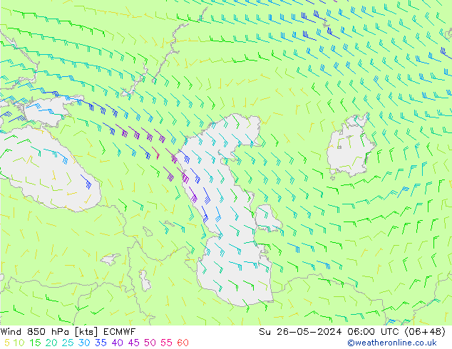 Wind 850 hPa ECMWF Su 26.05.2024 06 UTC