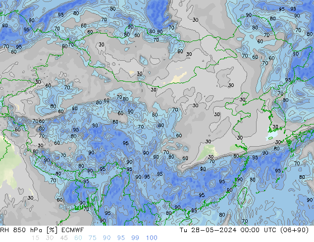 RH 850 hPa ECMWF 星期二 28.05.2024 00 UTC