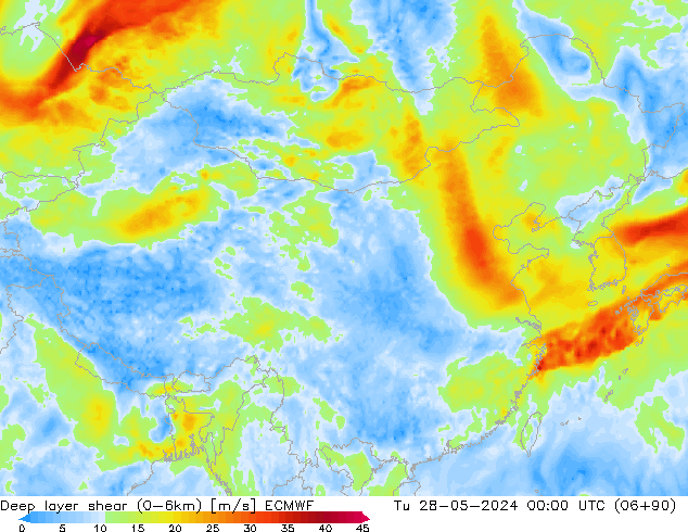 Deep layer shear (0-6km) ECMWF 星期二 28.05.2024 00 UTC