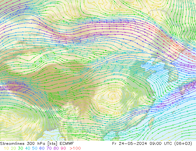 Linia prądu 300 hPa ECMWF pt. 24.05.2024 09 UTC