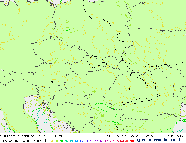 Isotachen (km/h) ECMWF zo 26.05.2024 12 UTC