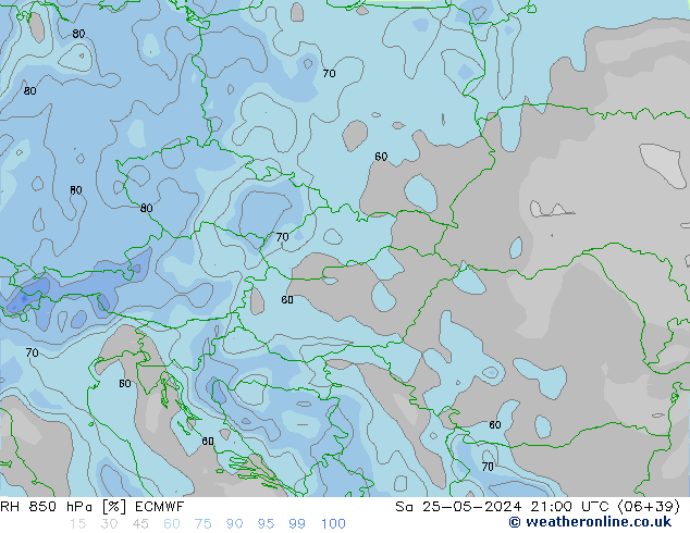 RH 850 гПа ECMWF сб 25.05.2024 21 UTC