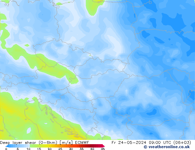 Deep layer shear (0-6km) ECMWF Pá 24.05.2024 09 UTC