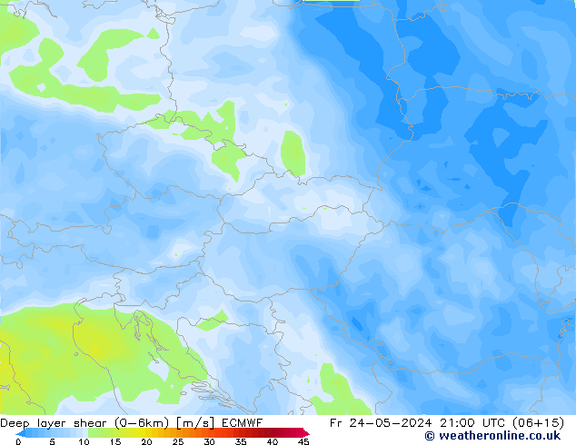 Deep layer shear (0-6km) ECMWF vr 24.05.2024 21 UTC