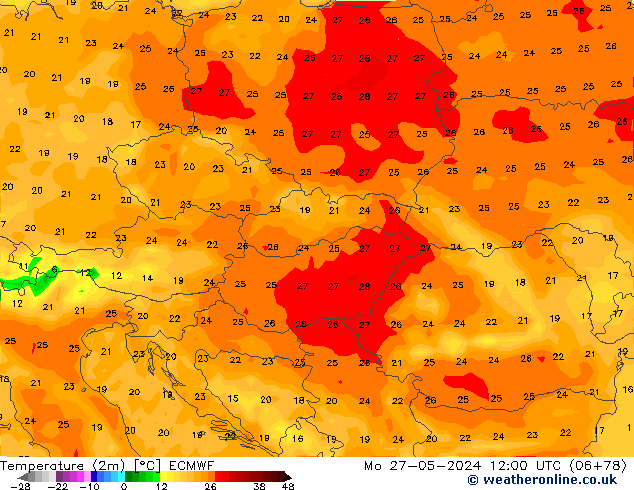 Temperature (2m) ECMWF Mo 27.05.2024 12 UTC